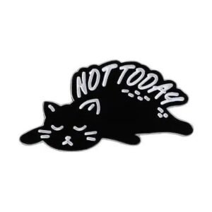 Juodas gulinčio katino emaliuotas ženkliukas su užrašu Not Today, tingaus katino segė, enamel pin.