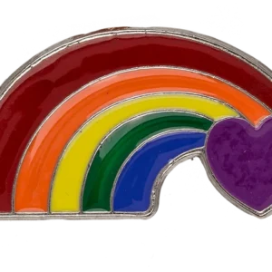 Vaivorykštės pin'as su širdimi – rainbow lankas su violetine širdele gale kietojo emalio segė sidabriniu pagrindu