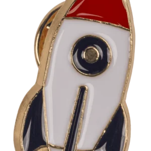 Raketos segė emalio pin – klasikinio retro dizaino raketa su raudona nosimi tamsiais sparneliais ir auksiniu pagrindu