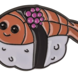Nigiri sushi segė emalio – mielas lašišos nigiri su sakuros gėlyte ir dviem šypsenėlėmis kietojo emalio pin'as tamsiu pagrindu