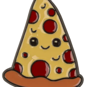 Pizza ženkliukas kawaii pin – šypsantis pepperoni picos griežinėlis su sūriu ir veideliu kietojo emalio segė tamsiu pagrindu