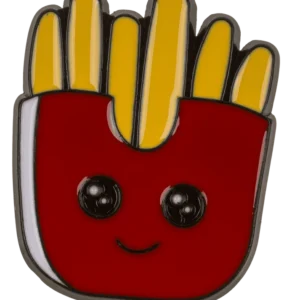 Fries emalio segė kawaii – šypsančios geltonos bulvytės raudonoje pakuotėje su didelėmis akimis kietojo emalio pin'as