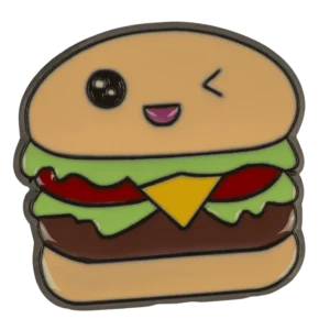 Burger segė kawaii ženkliukas – mirksintis čizburgeris su sūriu salotomis ir mėsainiu kietojo emalio pin'as tamsiu pagrindu