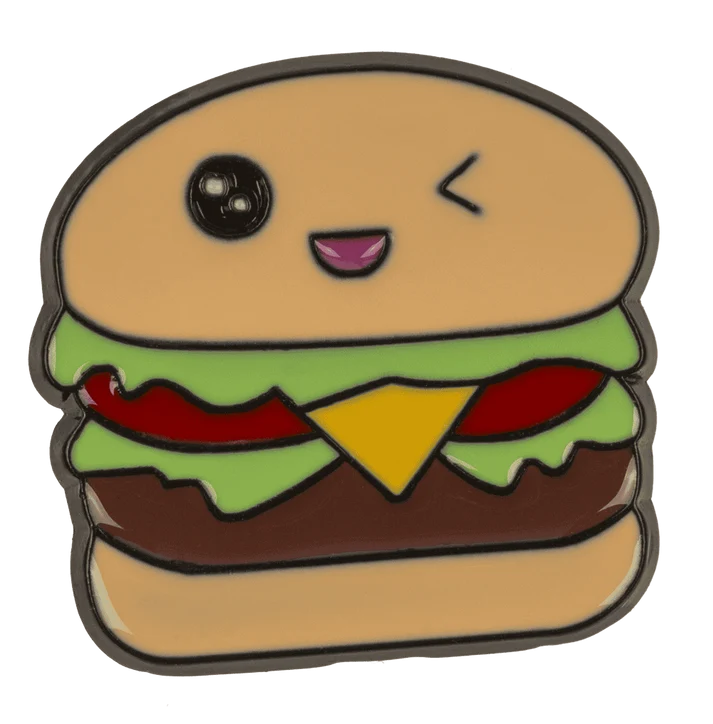 Burger segė kawaii ženkliukas – mirksintis čizburgeris su sūriu salotomis ir mėsainiu kietojo emalio pin'as tamsiu pagrindu